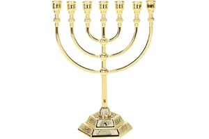 BRTAGG Menorah 7 Branches, 12 Tribes of Israel, Jerusalem Temple Jewish Candle Holder (6.7 Inches, Gold)