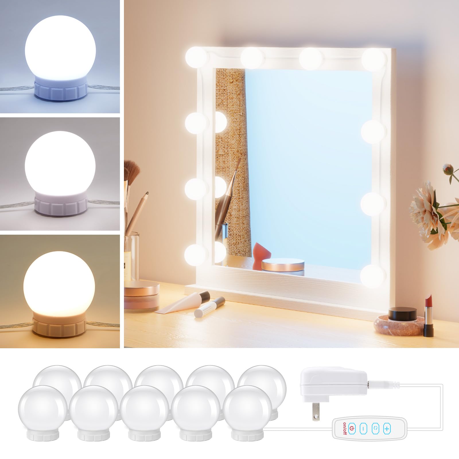 Photo 1 of Hollywood Style Led Vanity Mirror Lights Kit - Vanity Lights Have 10 Dimmable Light Bulbs for Makeup Dressing Table and Power Supply Plug in Lighting Fixture Strip, White (No Mirror Included)