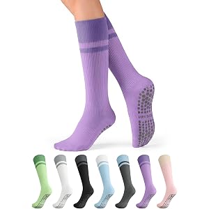 INNO MINT Women's Tall Pilates Grip Socks Non Slip Barre Yoga Studio Socks | Full Sole Grip, Tall Crew Design, Quick Dry Fabr