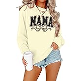 SFHFY Mama Crewneck Sweatshirt Women: Casual Mom Long Sleeve Shirt Bow Mama Letter Print Pullover Top