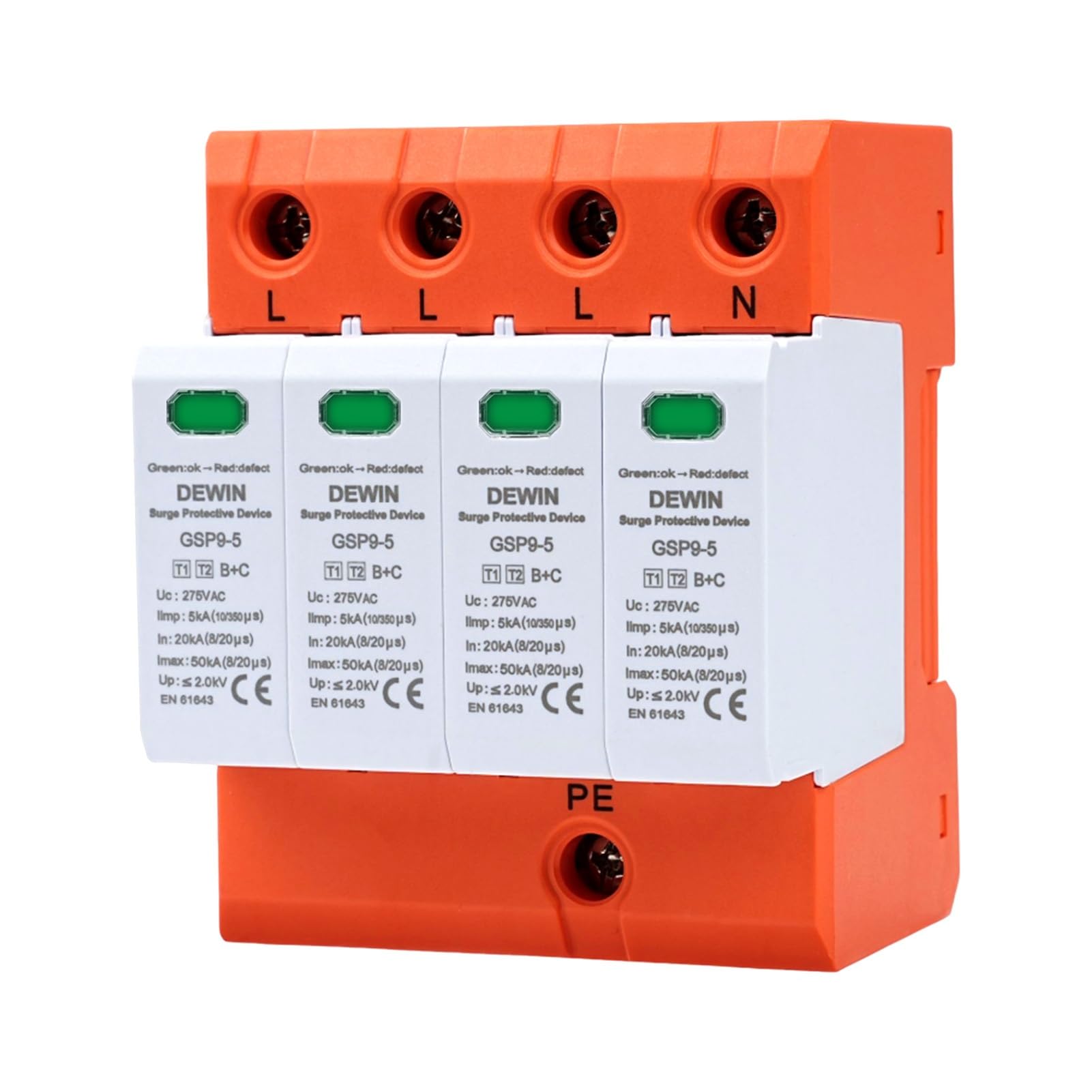 DEWIN Überspannungsschutz Hutschiene GSP9-5 Surge Proctor SPD Ableiter T1+T2(B+C) 4P AC 275V 5KA DIN-Schiene Überspannungsschutzgerät 9