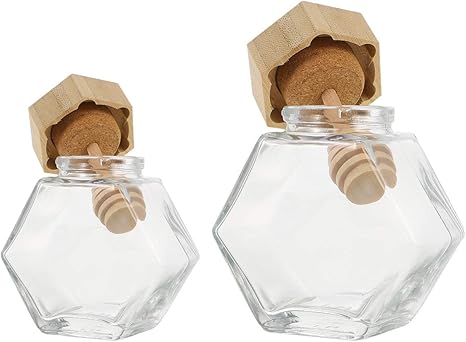 Amazon Bestoyard ハニーポット ガラス瓶 蜂蜜容器 六角形 ハニーディスペンサー 透明 ハニー撹拌棒付 キッチン 保存容器 2本入 100ml 2ml 保存容器 キャニスター オンライン通販