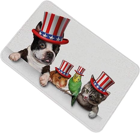 Amazon 玄関マット かわいいペットの動物の犬猫の鳥とハムスターとアメリカの帽子のお祝いの画像装飾 50x80cm マイクロファイバー 可愛い 吸水 速乾 足拭きマット マルチカラー 浴室足ふきマット ホーム キッチン オンライン通販