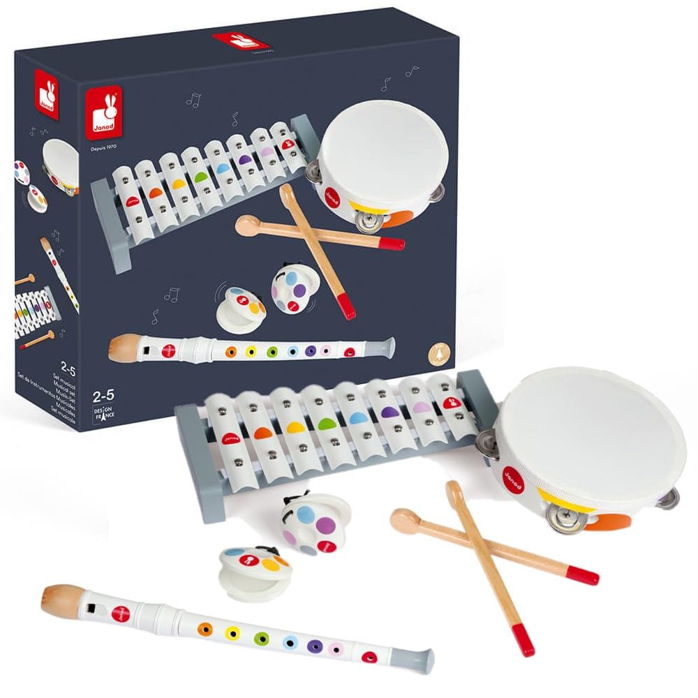 Janod - Confetti 4-Instrument Wooden Musical Set - Pretend Play and Musical Awakening Toy - from 2 Years Old, J07600