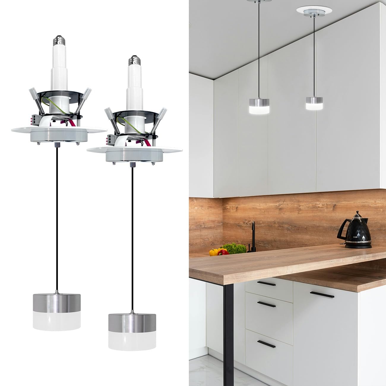 Photo 1 of Jolux Instant Lumidrum Pendant Light Conversion Kit 2 Pack, Convert Recessed Light to Pendant,5CCT Selectable, Adjustable Hanging Light Kit for Kitchen,for 5/6" E26 Recessed Mounted Cans(Chrome)…