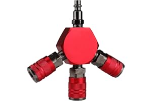 Hromee 3-Way Air Manifold 4 Ports Aluminum Industrial Flat Hex Quick Connect Air Hose Splitter with 3 Steel Couplers and 1/4"