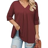 VISLILY Womens-Plus-Size-Dressy-Tops Casual V Neck T Shirts Cute Buttons Roll Up 3/4 Sleeves Tunics Flowy Pleated Blouses