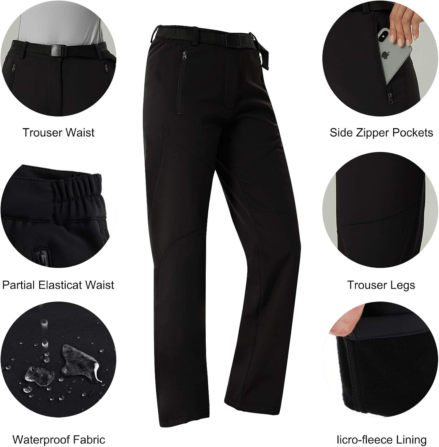 Softshell Trousers Womens Winter Fleece Lined Trousers Waterproof Hiking Pants Outdoor Camping Trouser, Black, XL - Image 4