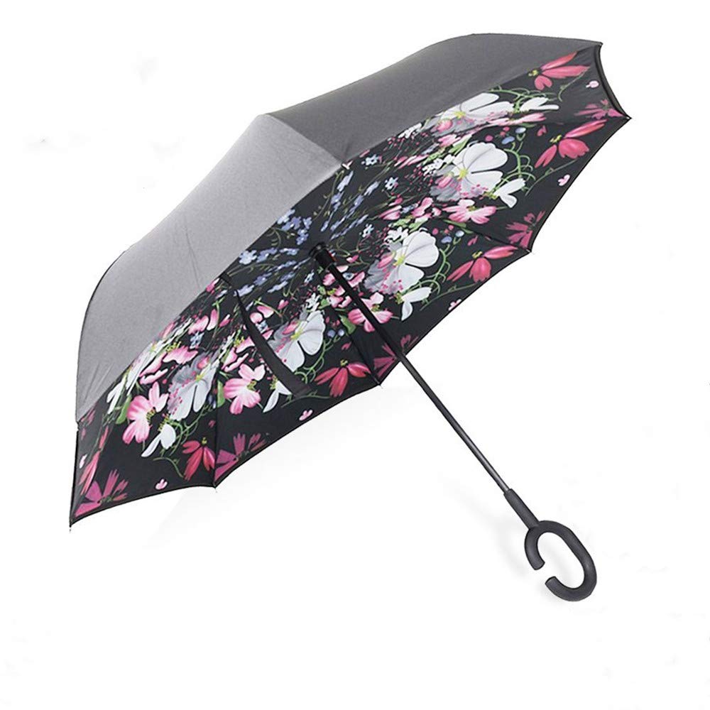 NNY Inc Double Layer Inverted Umbrella Cars Reverse Open Folding Umbrellas, Windproof UV Protection Large Self Stand Upside Down Straight Umbrella for Golf Women and Men with C-Shaped (Beauty Flower)