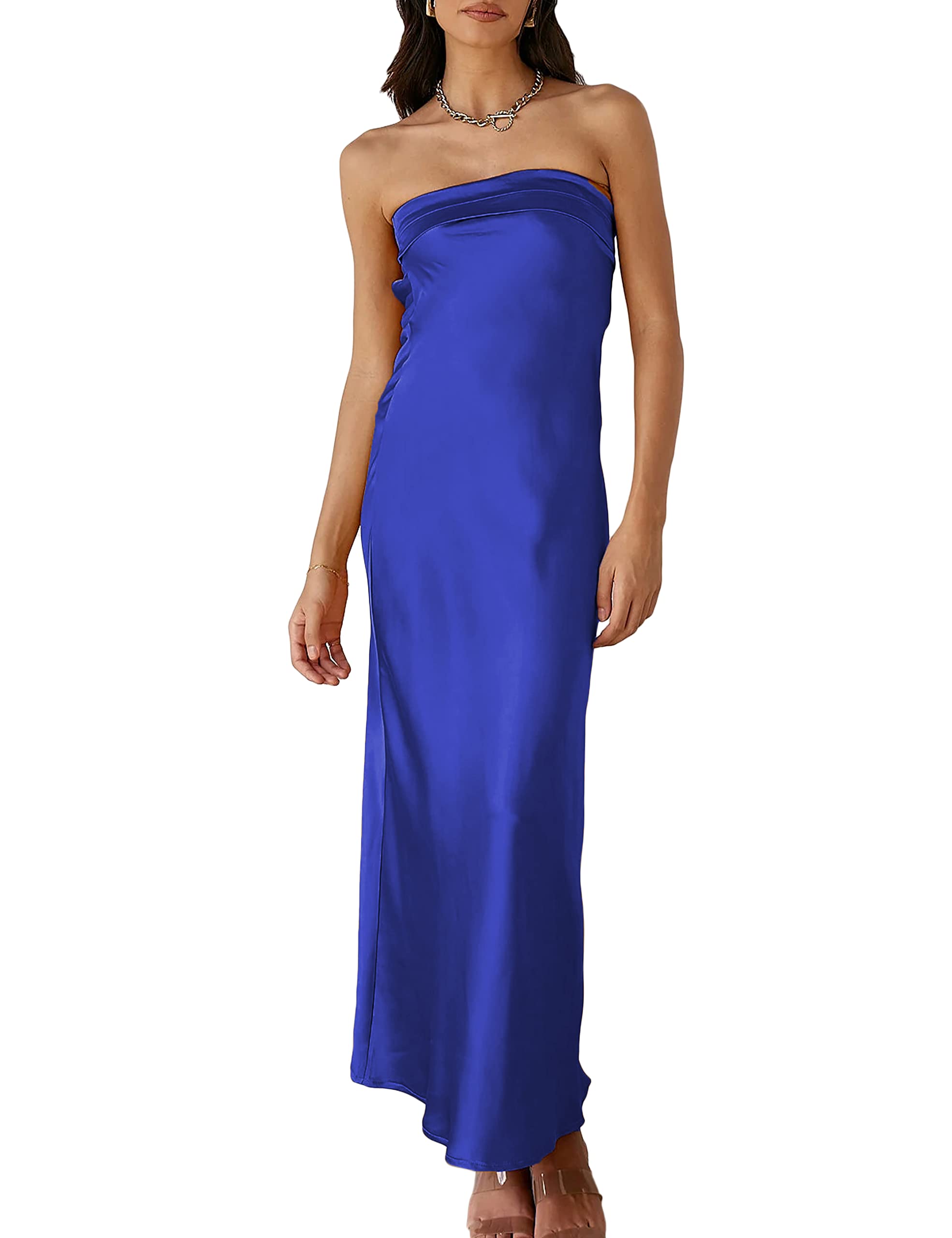 Realtix Satin Silk Backless Tube Tops Maxi Dress