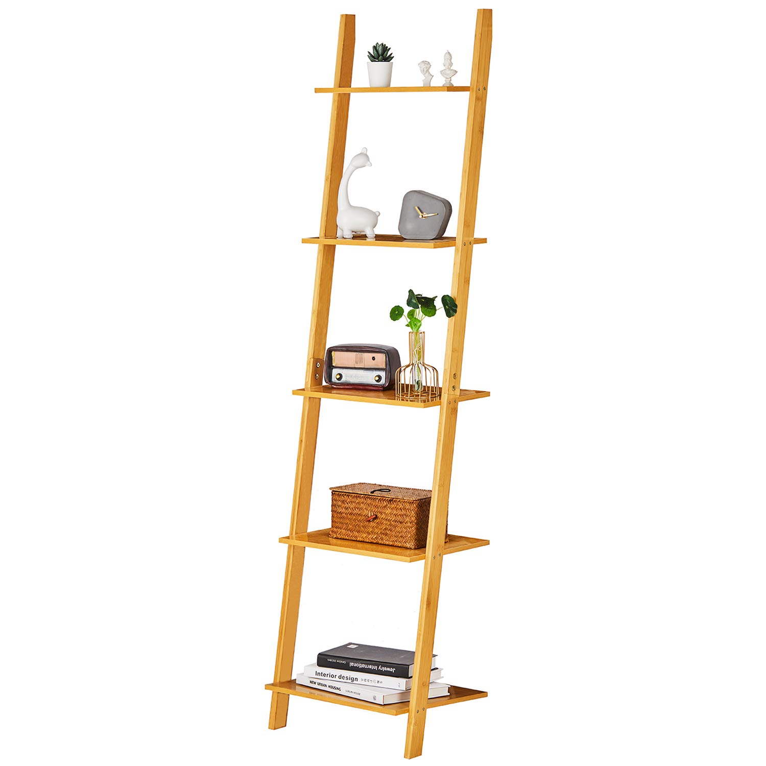 VIAGDO Ladder Shelf Bamboo 5-Tier Wall Ladder Leaning Bookshelf, Storage Rack Shelves, Corner Display Shelving for Living Room, Bathroom, Kitchen, Office