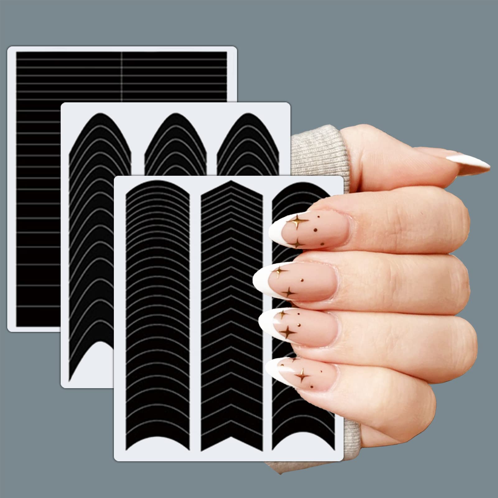 1860 Pcs French Tip Nail Guides, Self-Adhesive French V-Shaped Moon Shaped Manicure Strip Stickers for Edge Auxiliary Black DIY Decoration Stencil Tools(5 Designs, 36 Sheets) - Image 3
