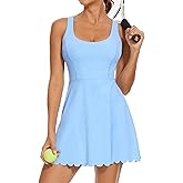 Tanou Womens Tennis Dress with Separated Shorts & Bra U Neck Golf Sleeveless Athletic Workout Scalloped Dress with 2 Pockets