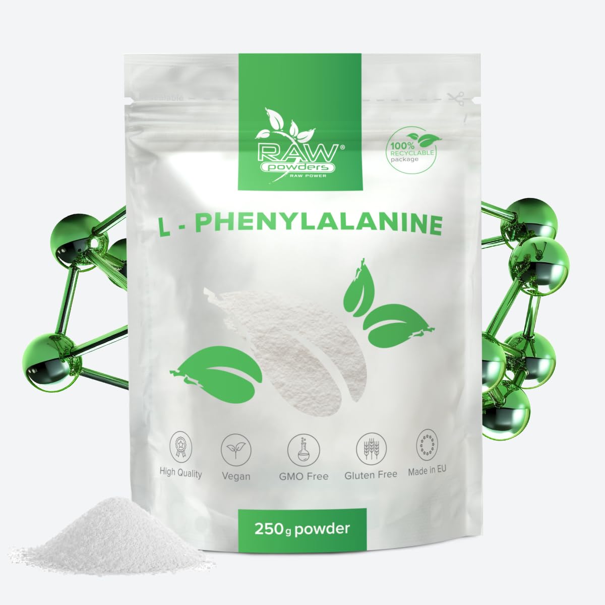L-Phenylalanine Powder Supplement – 250 Grams of 100% Pure LPA Powder – L Phenylalanine for Healthy Brain Function, Nervous System, Energy Supply Support by Raw Powders