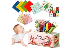 Waybla Christmas Baby Toy for 6-12M – Christmas Tissue Box Sensory Pull Toy with Crinkle Papers, Handkerchiefs & Scarves – Ideal Stocking Stuffer for Toddlers