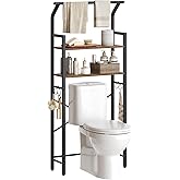 YATINEY 2-Tier Over The Toilet Storage, Multifunctional Vertical Over Toilet Bathroom Organizer, Freestanding Bathroom Storage Shelves with Hooks, Bathroom Organizer, Rustic Brown and Black TR01BR