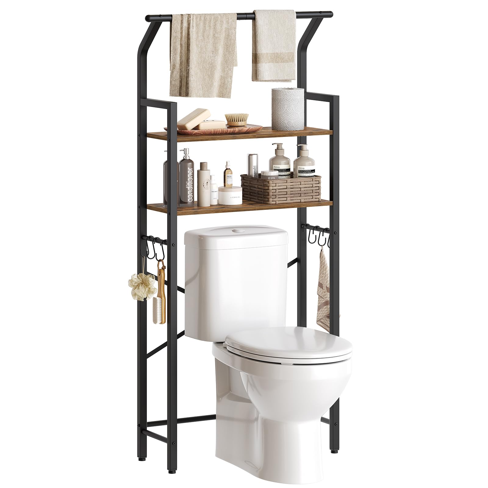 Photo 1 of ***MISSING HARDWARE***YATINEY Over The Toilet Storage, 2-Tier Bathroom Organizer Shelves with Hooks, Multifunctional Vertical The Toilet Shelf Storage Rack for Bathroom, Rustic Brown and Black TR01BR