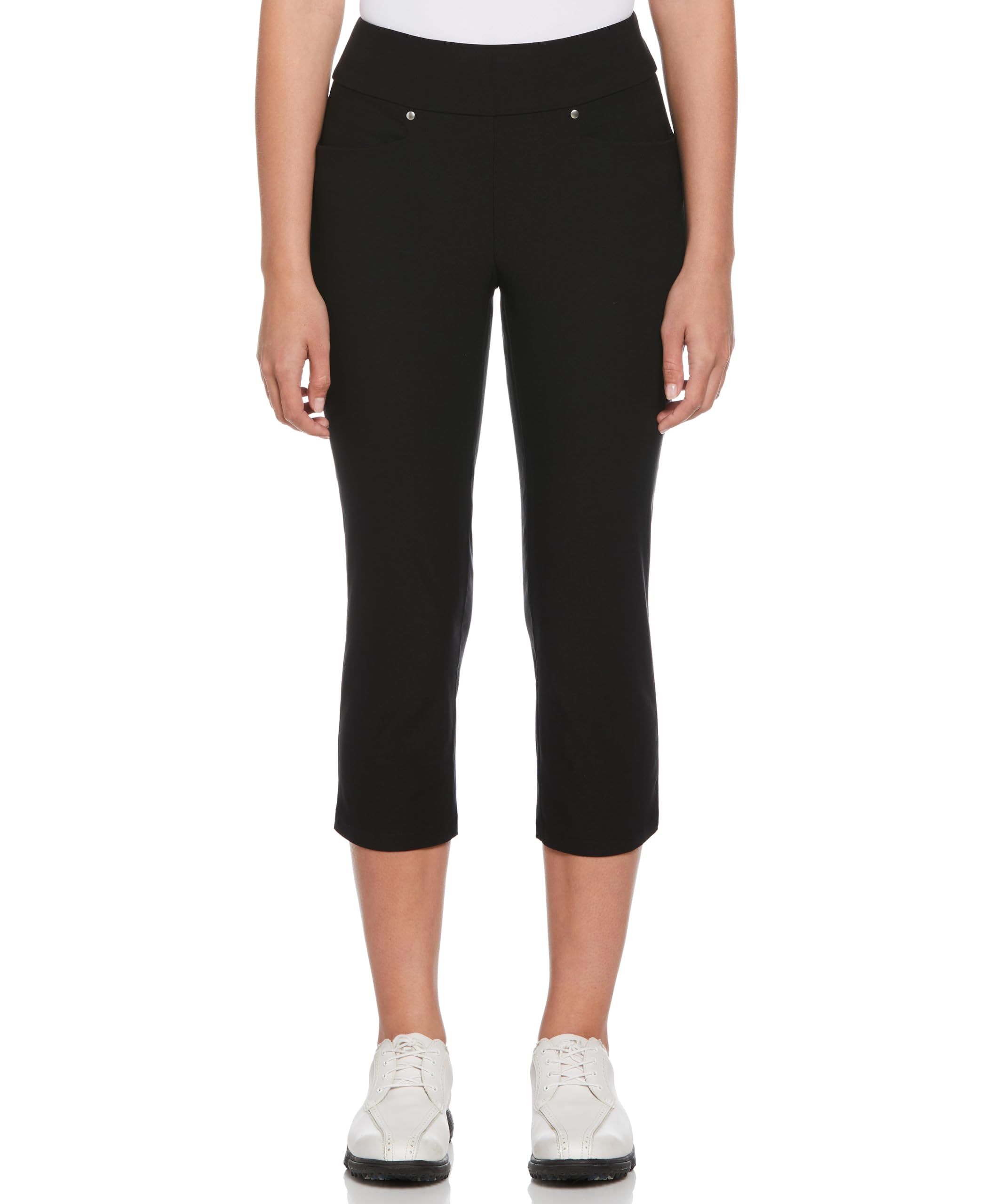 PGA TOUR Women’s 22” Pull-On Golf Capri Pants with Tummy Control, Performance Stretch, Moisture-Wicking, Sun Protection, Caviar