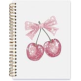 ISANOU Pink Cherry Notebook,Preppy Coquette Lined Spiral Notebook Hardcover,College Ruled Notebook,Office School Journal Notebook for Work,5.5x8.3 Inch 80 Pages,Gifts for Women Teen Girl