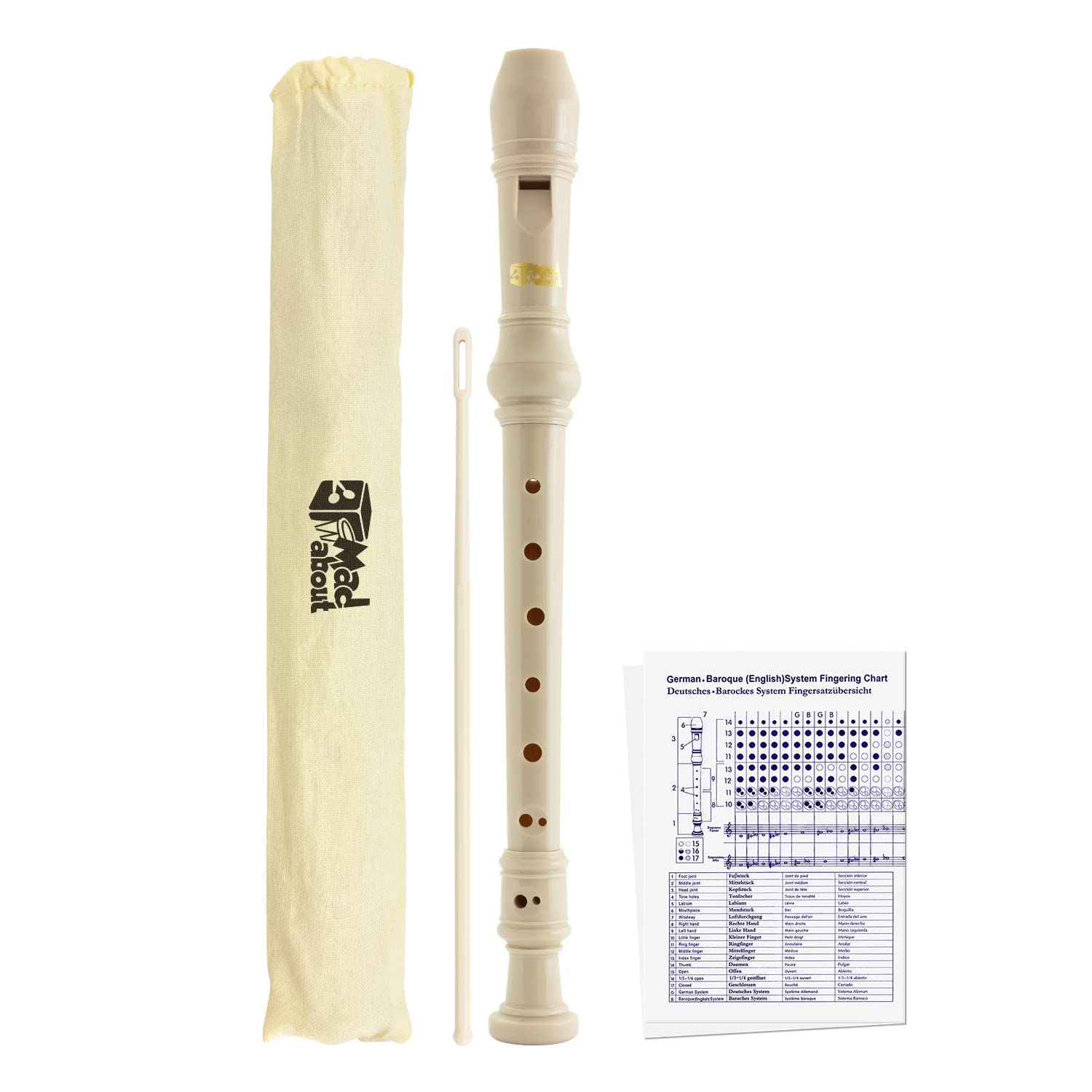 Mad About MA-REC07 Descant Recorder – Three Piece School, Beginners Recorder with Bag and Cleaning Rod and Fingering Chart - White