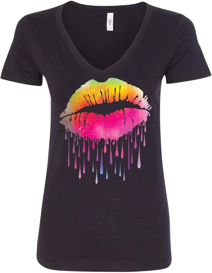 Dripping Neon Lips Women's VNeck TShirt Lips Like Sugar Kiss Love