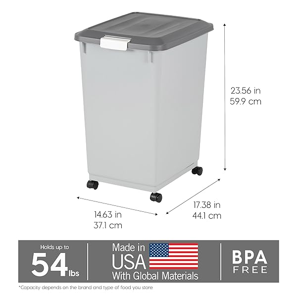 IRIS USA DOG FOOD STORAGE CONTAINER WITH WHEELS, AIRTIGHT LID, 2-CUP SCOOP, UP TO 54 POUNDS PET FOOD STORAGE, BUILT IN SCOOP STORAGE IN LID, VERSATILE PET FOOD BIN, PORTABLE, BPA FREE, GRAY/DARK GRAY