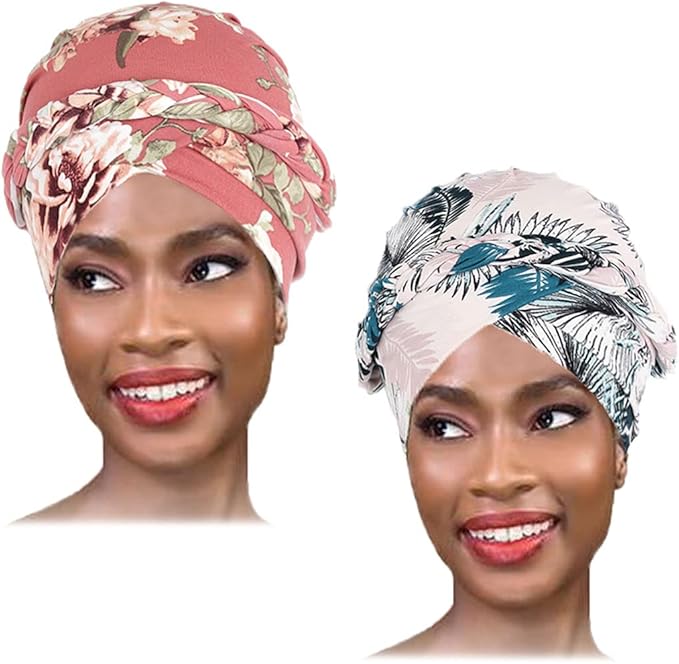 Woeoe African Turban Head Wrap Pink Pattern Head Scarf Soft Flower
