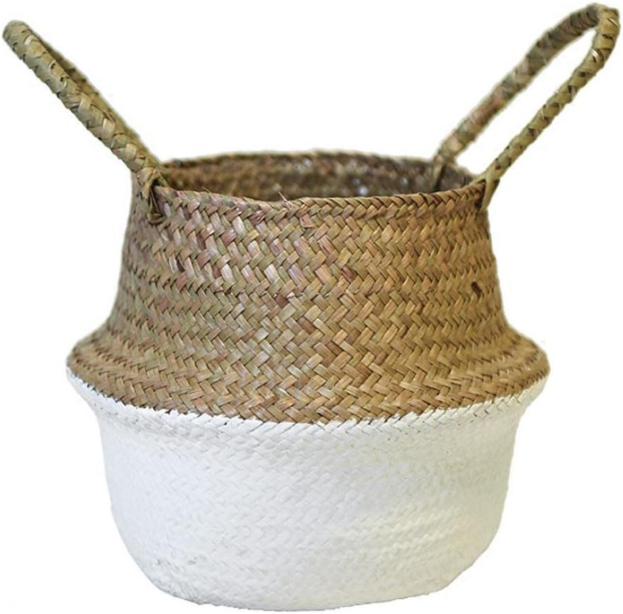 Jaminy Handmade Straw Basket Wicker Basket Flowers Pot for Storage Garden Home Decor (White)