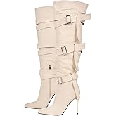 richealnini Women's Thigh High Boots with Straps Canvas Stiletto Heel Sexy Pointed Toe Party Riding Boots