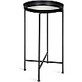 Kate and Laurel Celia Round Metal Foldable Accent Table with Mirror Tray Top, Black