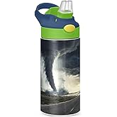 Gravopti Black Tornado Kids Water Bottle with Straw Lid, 12oz Stainless Steel Vacuum Insulated BPA-Free Leakproof Travel Bottle for School Sports Travel