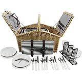 Willow Picnic Basket Set for 4 Persons with Double Lids, Durable Handle and Insulated Cooler Compartment, Handmade Wicker Ham