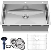 Frogink 33 inch Topmount Handmade 18 Gauge Single Bowl Stainless Steel Kitchen Sink with Accessories