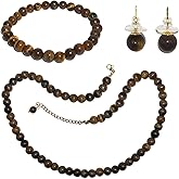 Kaidelight Natural Tiger Eye Jewelry Set - Bead Necklace, Bracelet & Stud Earrings, 10/8/6mm Chocolate Brown Gemstones, Inspirational Courage Gift for Women, Healing Crystal Gift Set