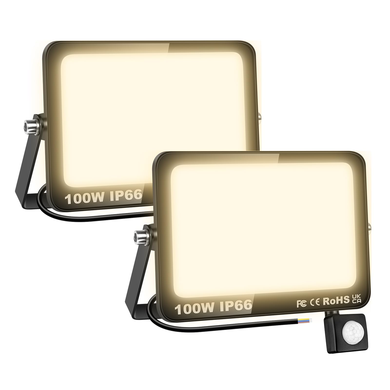 AUXTINGS 2 Pieces 100W LED Floodlight with Motion Sensor, 10000LM Outdoor Security Lights,4000K Warm White Outside Spot Light,IP66 Exterior Lighting for Yard Backyard House Court Stadium Parking