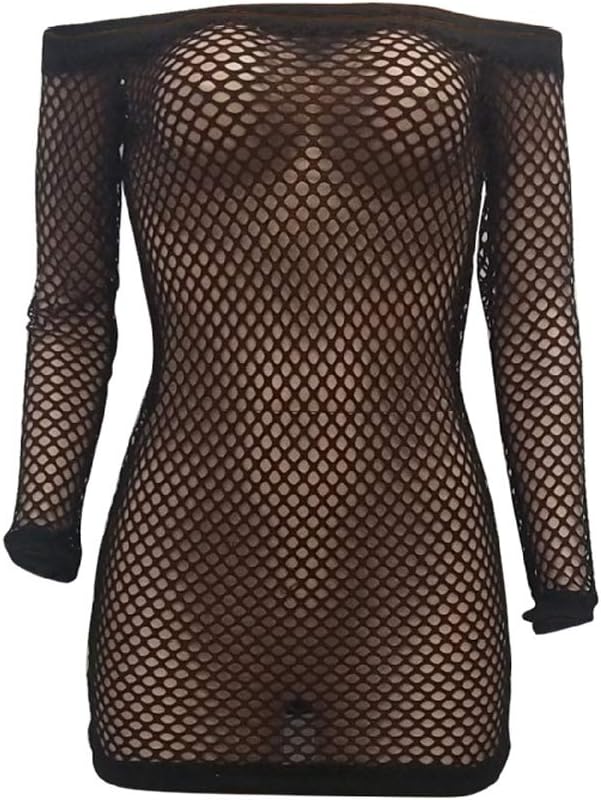 DeviFish Women Off Shoulder Long Sleeve Fishnet Bodycon Beach Cover UP Mini Dress