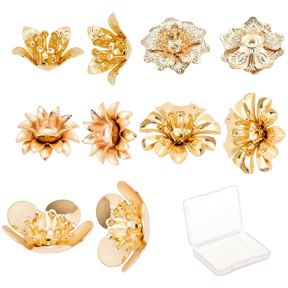 SUNNYCLUE 1 Box 5 Style Brass Bead Caps 3D Multi-Petal Flower Shape Bead Caps for Jewellery Making Earrings Bracelets Hairpin Supplies Adult Women