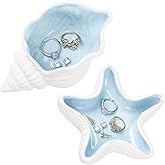 Ocean Ceramic Jewelry Tray, Starfish Conch Seashells Mermaid Decorative Trinket Dish Holder for Ring Earrings Necklaces Bracelet, Beach Themed Coastal Room Bathroom Decor Gifts (2, Starfish&Conch)