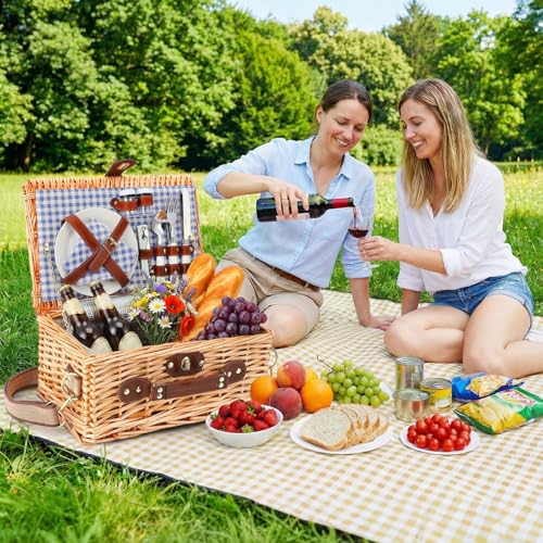 Wicker Picnic Basket Wicker Picnic Basket for 2 Person - Picnic Set with Insulated Compartment, Plates, Cutlery, Wine Glasses, Corkscrew - Perfect for Beach, Country, Park & BBQ Gift