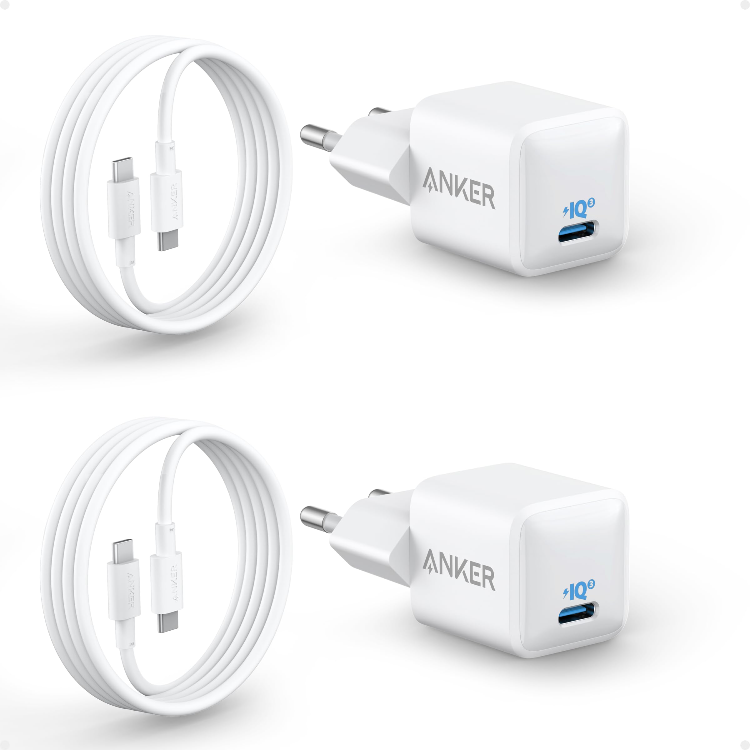 Anker Nano 20W USB C Ladegerät, PIQ 3.0 kompaktes Schnellladegeräte + 2 180cm USB C Kabel, iPad Ladegerät für iPhone 16/15/iPad Pro (Doppelset, 2X Netzteil & 2 Kabel)