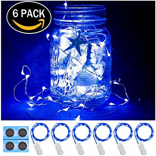 6 Pack,7Feet 20 LED Starry String Lights,Fairy String Lights Silve Wire,2pcs CR2032 Batteries Included, Firefly Lights LED Moon Lights for DIY Dinner Party,Table Decoration,Wedding Centerpiece. (Blue)