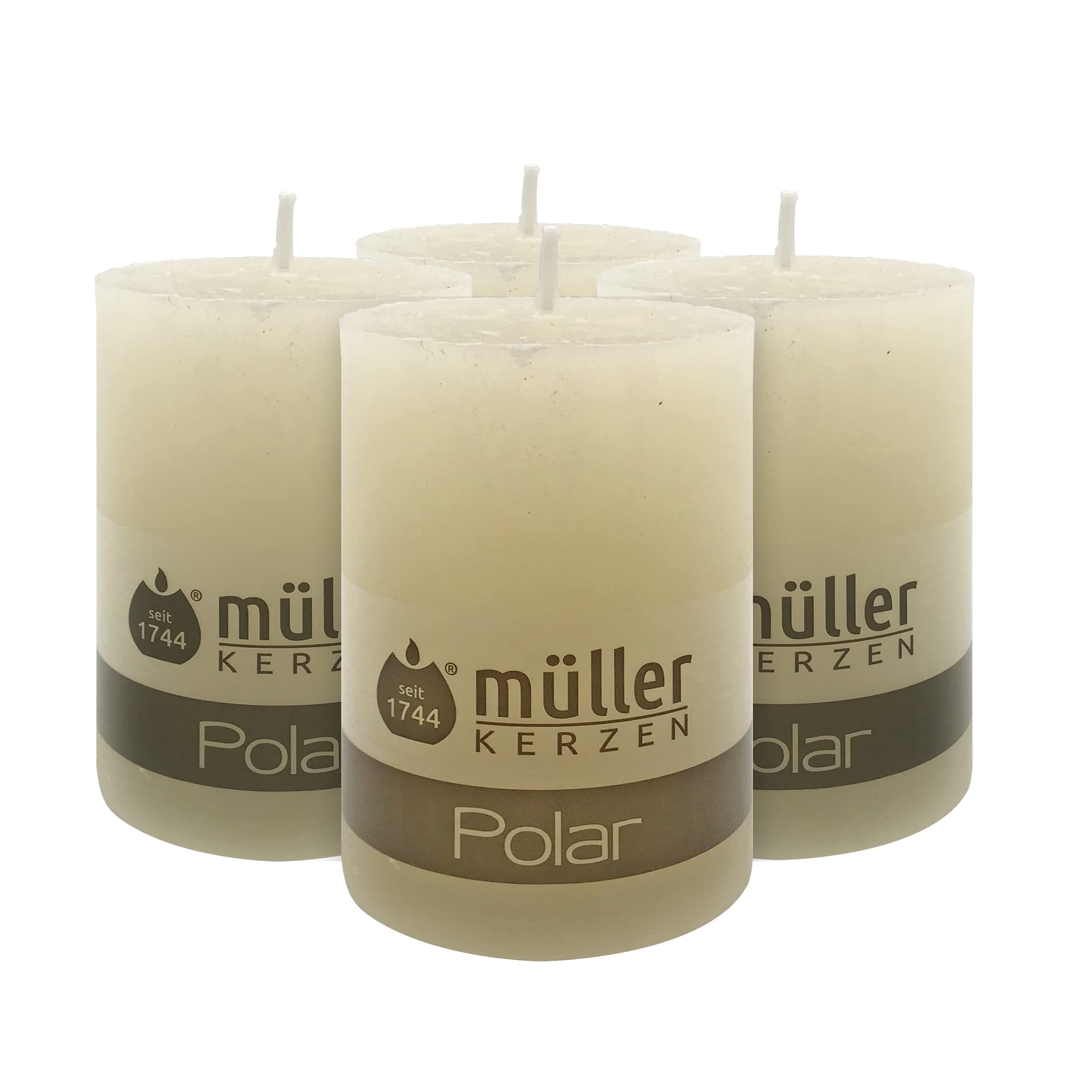 Müller Polar Rustic Pillar Candles - Ivory Frost Effect - Set of 4 Decorative Unscented Candles - 6,8 x 10 cm - 46 Hours Long Burning Colored Dripless Wax - RAL Quality - Made in Germany