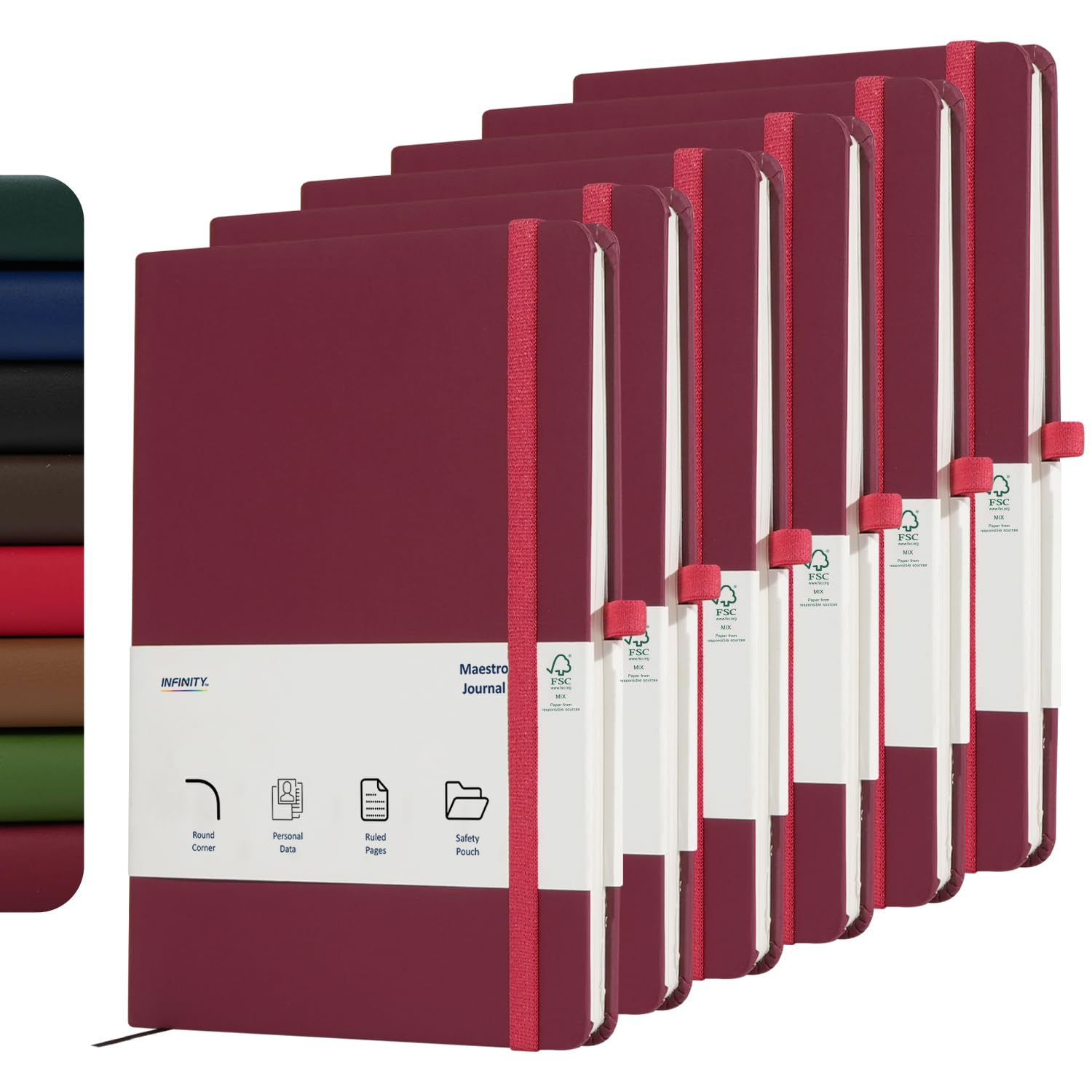 Infinity Notebook Journal, Maestro Journal Notebook Ruled Paper - A5 size 80 GSM Thick Lined Paper Hard Cover Classic Writing Journals, Diary with Rear Pocket & Pen Holder (Pack of 6, Maroon)