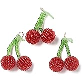 KitBeads 10Pcs Red Cherry Charms Glass Seed Beaded Cherries Pendants Cute Dangle Fruit Charm for Jewelry Making Necklaces Bracelets Earrings Crafts