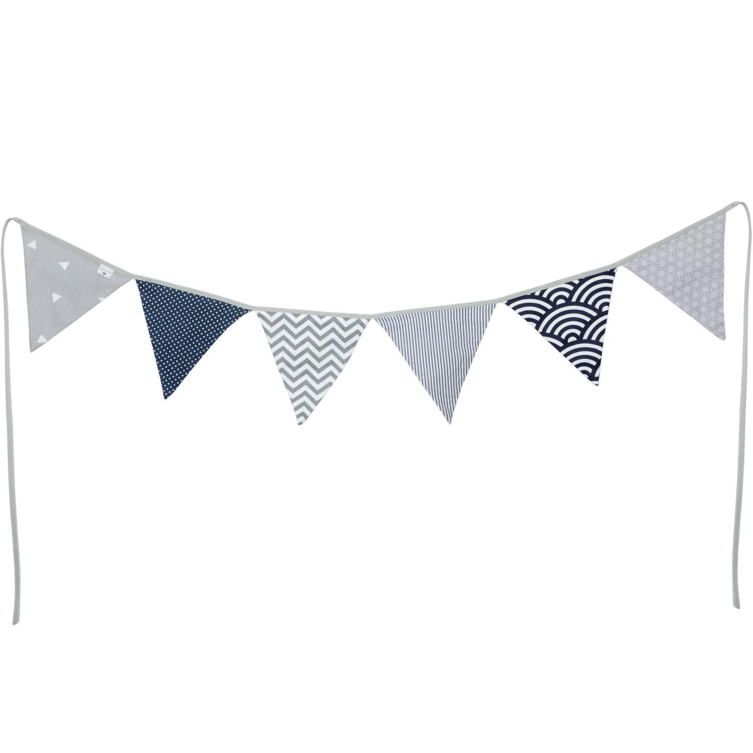 PREMYO Fabric Bunting Flags - Baby Shower Decorations Boys Nursery - Colourful Double Sided Banner Grey Blue