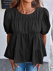 Tankaneo Womens Puff Sleeve Peplum Babydoll Tops