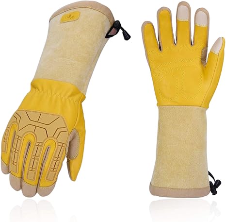Amazon Vgo メンズ ガーデングローブ ロング ガーデン手袋 かわてぶくろ 牛革 作業手袋 タッチパネル可 耐摩耗 耐衝撃 耐パンク性 トゲ防止 ガーデニンググローブ 草刈り 薪割り バラ用グローブ バラ手袋 林業 園芸手袋 作業用 園芸革手袋 M ゴールド Ca9659