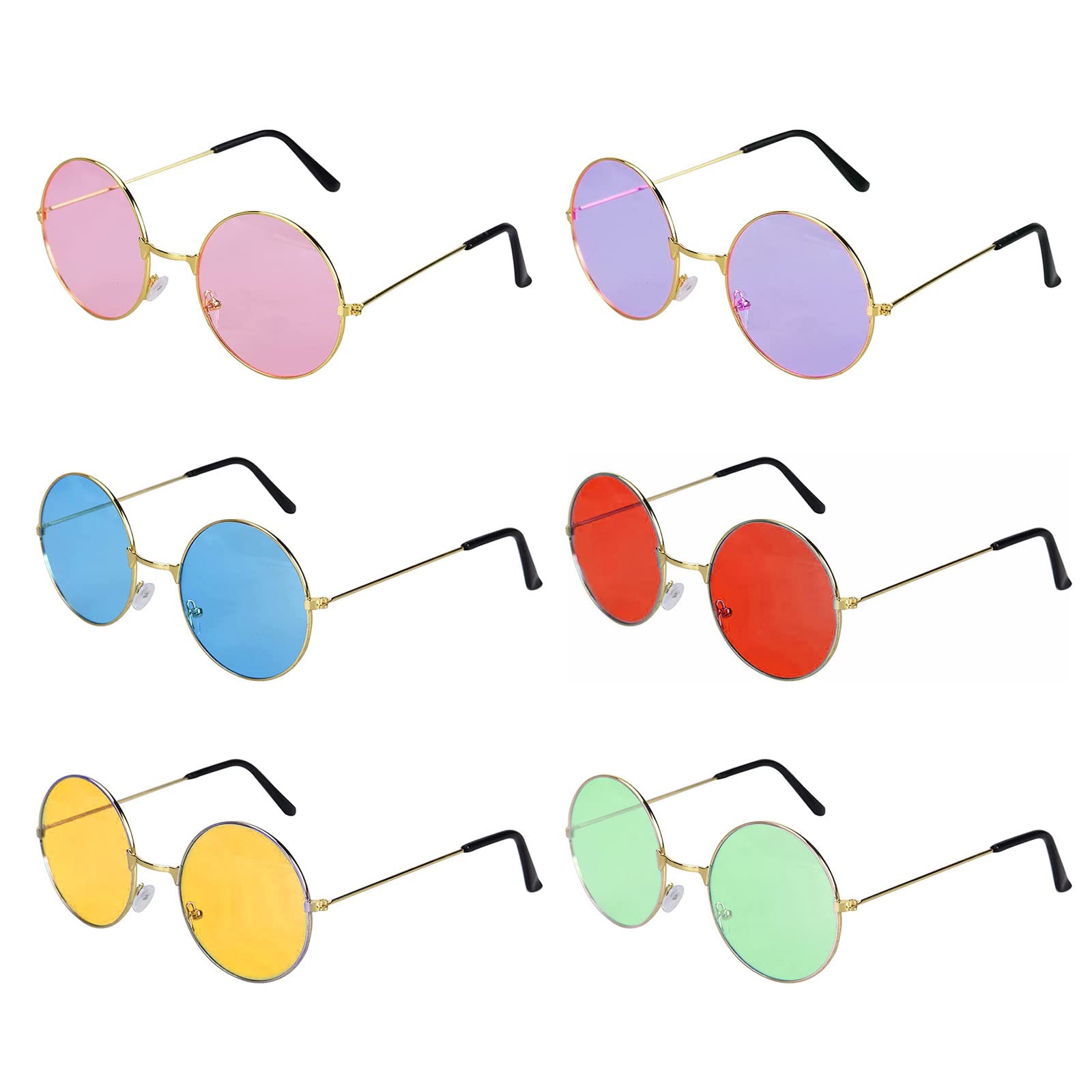 TSHAOUN 6 Pcs Hippy Round Sunglasses, Multicolor, Retro Style, 60s 70's Style Circle Glasses for Fancy Dress, Hippie Costume Accessories