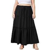 Moon Wood Plus Size Maxi Skirts for Women Trendy Long Flowy Boho Tiered Skirt Renaissance Summer Beach Skirt with Pockets