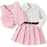 HINTINA Toddler Little Girl Sleeveless Button Vest Ribbed Long Sleeve Collar Top And Pleated Skirt With Belt